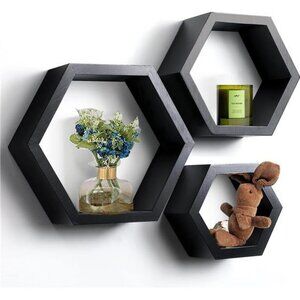 Set of 3 hexagon wall shelves wood floating honeycomb shelf rustic wall decor